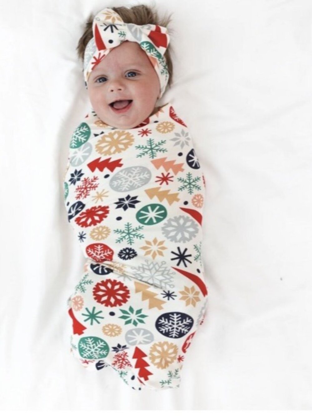 NIB Little Sleepies Snowflake Trees Swaddle & Luxe Bow Headband Christmas Photo